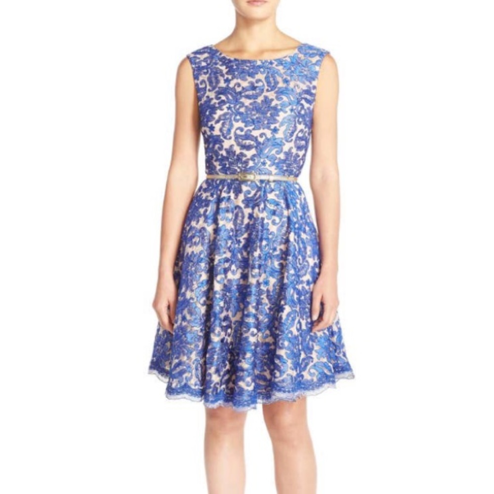 Eliza J Blue Embroidered Lace Dress w/ Gold Belt NWT